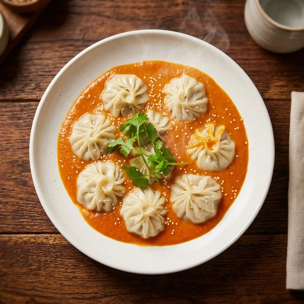 Chicken Jhol Momo - steamed Nepali dumplings in spicy broth at MoMo & Wok Edmonton
